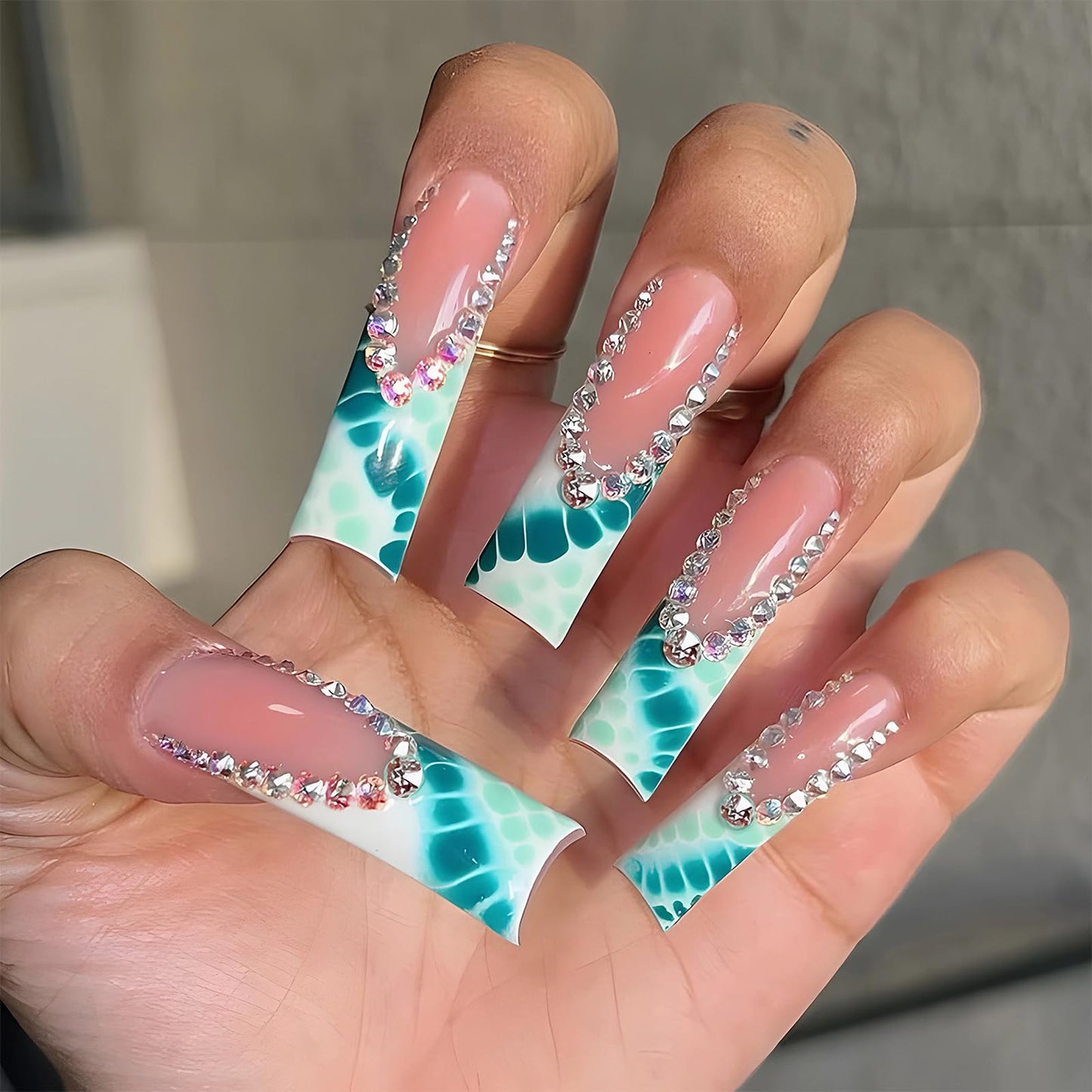 MISUD Press on Nails - Long Square Glue on Nails with Green Crocodile, Acrylic Rhinestone Design 24 pcs