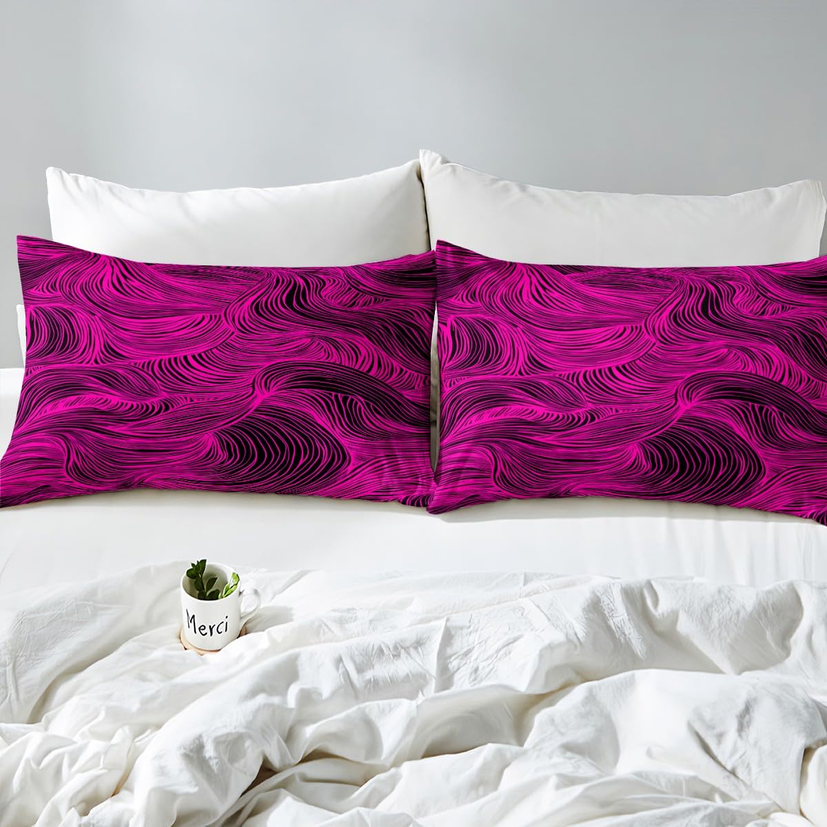 Feelyou Hot Pink Stripes Bed Sheets Set Geometric Sheet Set for Kids Boys Girls Teens Zebra Room Decor Abstract Art Sheets with Deep Pocket Fitted Sheet Queen Size Modern Striped Art Bedding Set 4Pcs