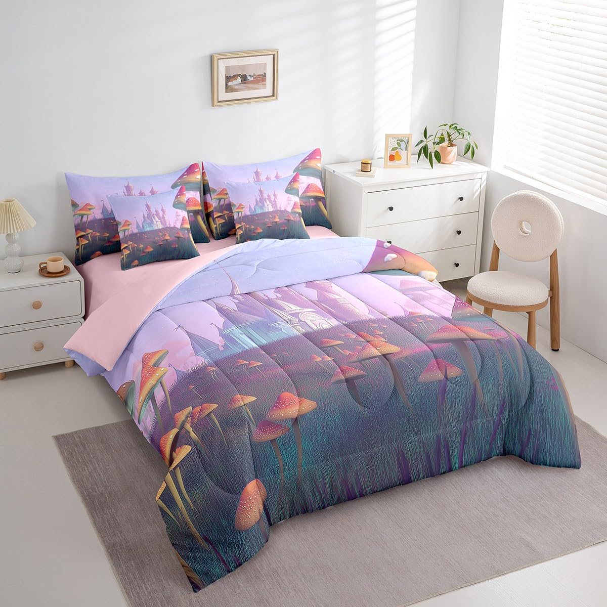 Erosebridal Mushroom Comforter Set 7 Piece Bed in a Bag Twin,Magical Castle Bedding Sets Jungle Botanical Sheet Set with Comforter,Nature Plant Bed Set