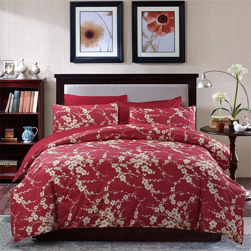Brandream Eastern Japanese Oriental Style Cherry Floral Chinoiserie Blossom Print Duvet Quilt Cover Set Red 800TC Egyptian Cotton Sateen Bedding Set 3 Piece Ornamental Drawing(Queen)