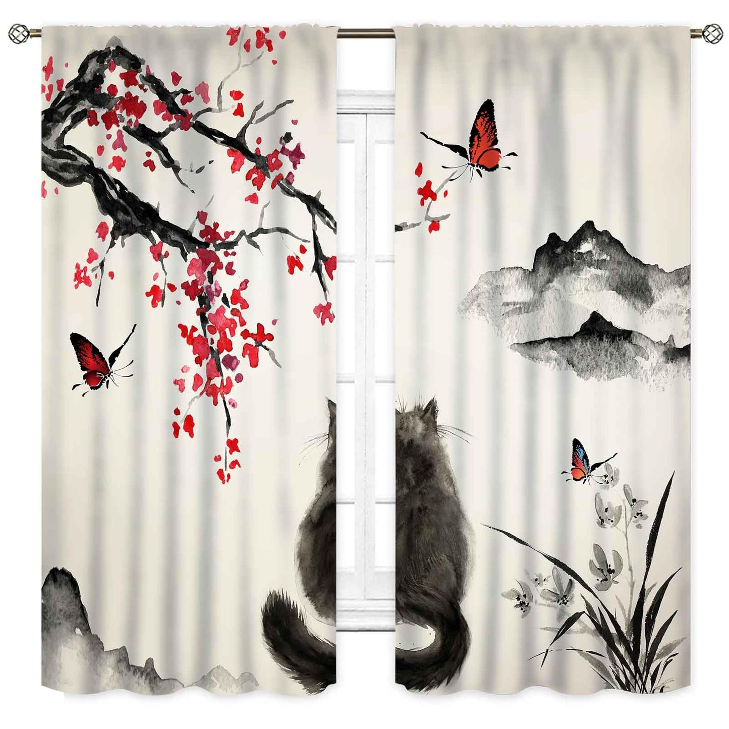 Japanese Curtains, Traditional Ink Painting Black Fluffy Cat Red Cherry Blossom Floral Branch Oriental Asian Style Nature Mountains Printed Drapes for Bedroom Living Room Bathroom Window, 42"x45" Inch