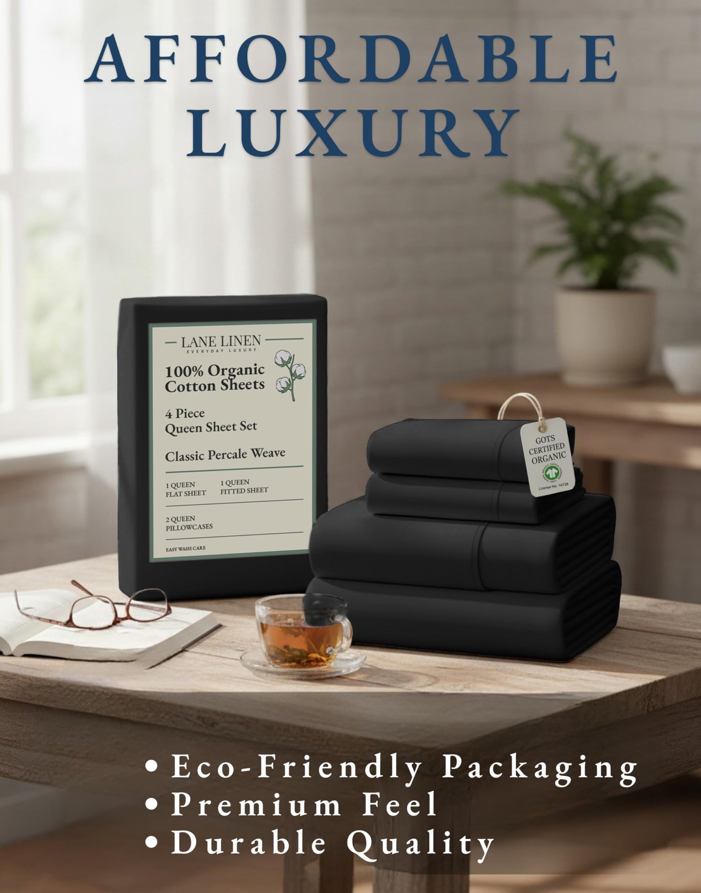 LANE LINEN Queen Sheets Cotton 100% Organic Cotton GOTS Certified Percale Weave Deep Pocket 4 Piece Soft Breathable Cooling Lightweight All Season Machine Washable Crisp - Black