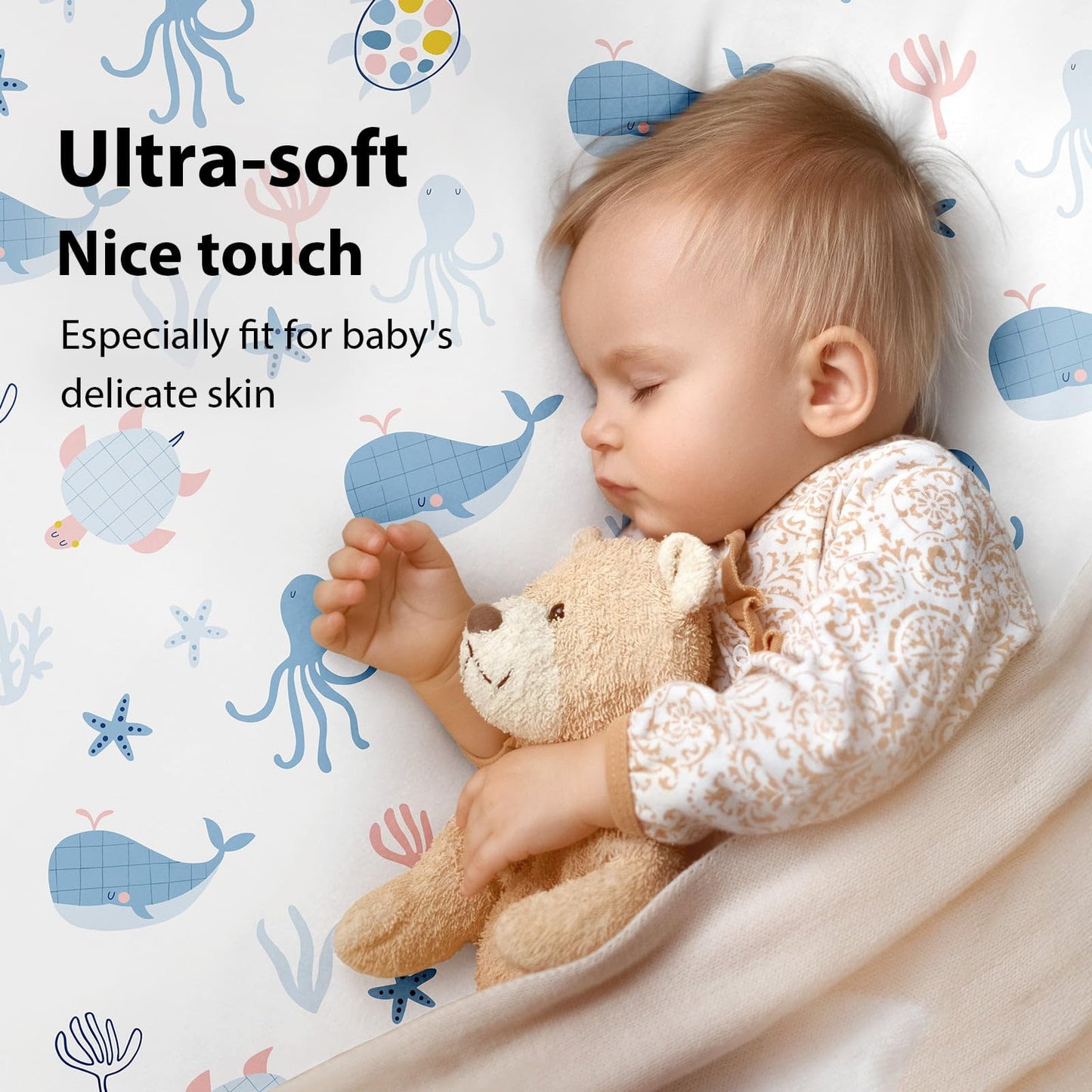FIEMOL Baby Crib Sheets for Boys and Girls, 3 Pack Toddler Bed Sheets for 52”x28” Standard Toddler Mattresses, Soft Microfiber Fitted Crib Sheets Neutral Blue Ocean Whale