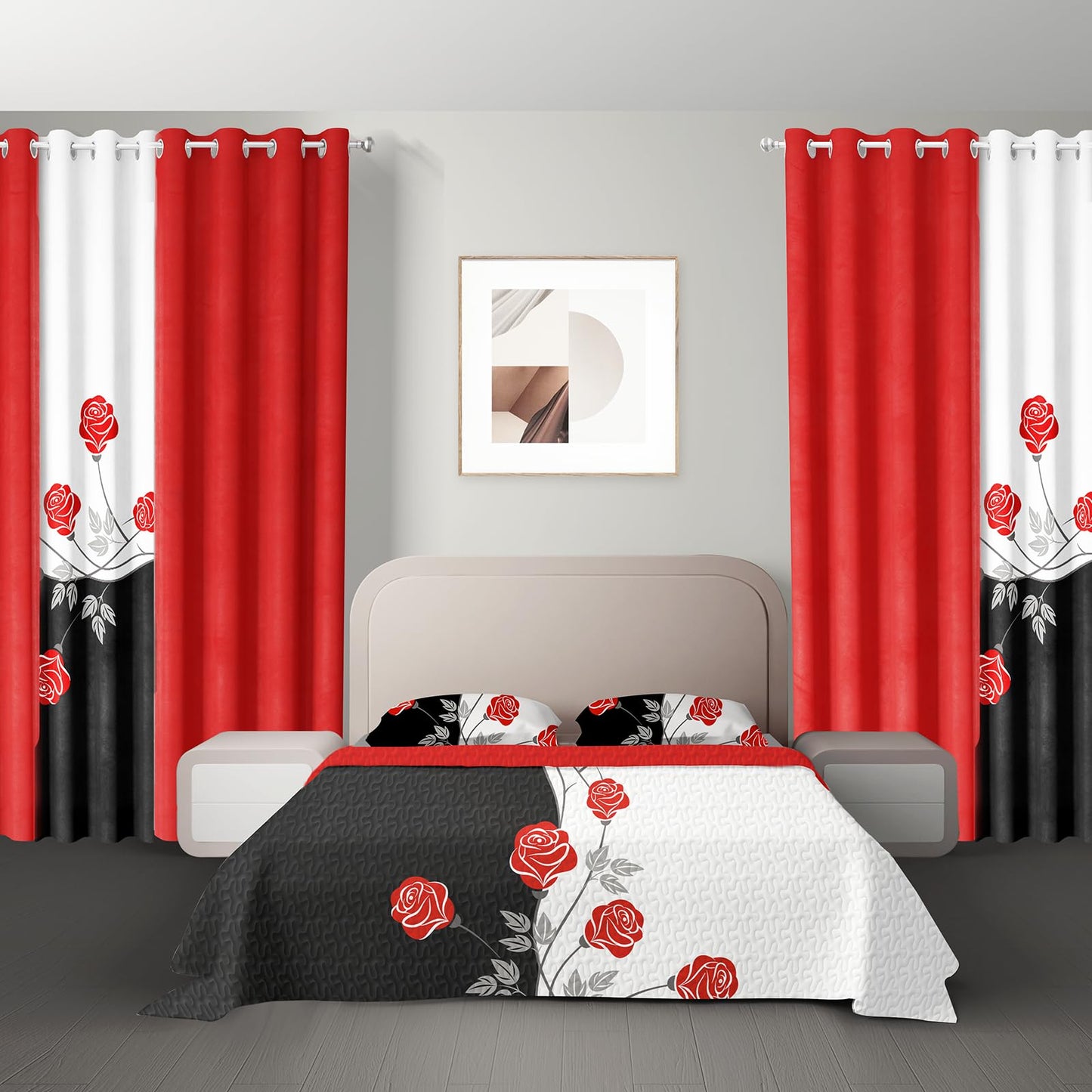 Deepsleep Queen Bedspread Set 9 Pieces, All Season Luxury Bed in a Bag for Bedroom, with 2 Pillowcases and 6 Curtains, Ultra-Soft Microfiber for Complete Bedroom Decor, Black White Red Flowers