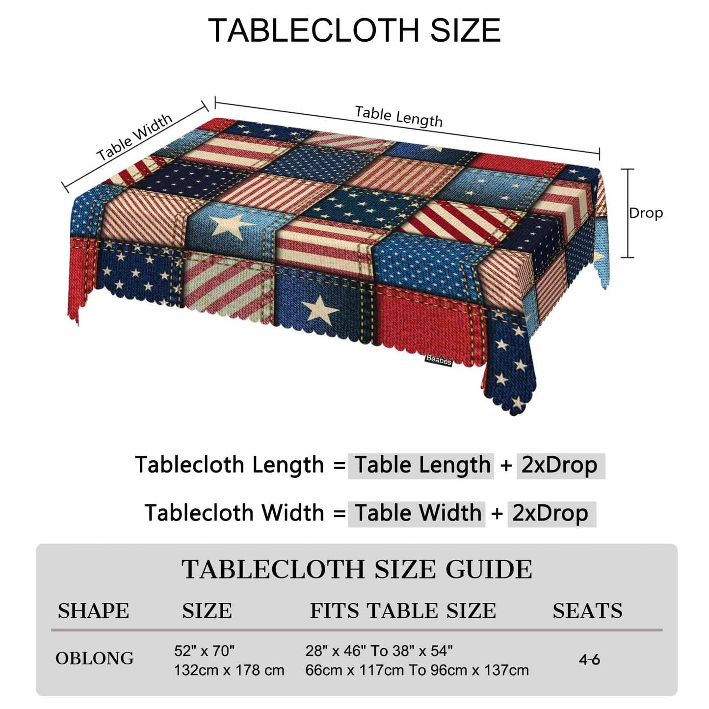 Beabes American Flag Tablecloth for Rectangle Tables Denim Patchwork of American Flag Picnic Table Cover Indoor and Outdoor Table Cloth Camping Tablecloths for Dinner Kitchen 52"X70"
