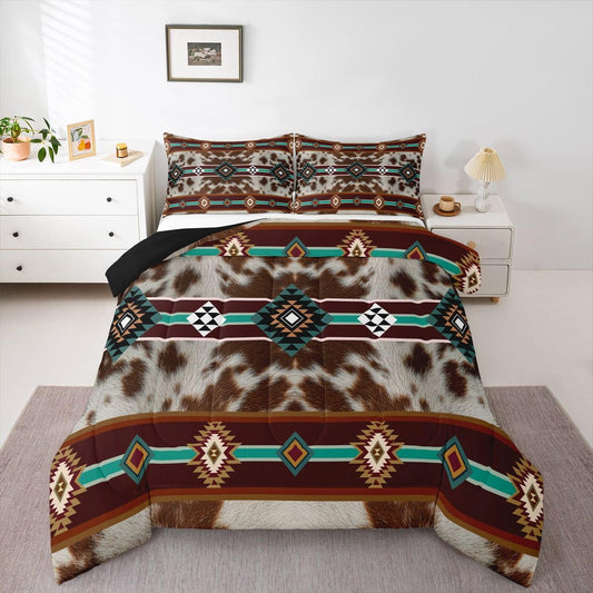 jejeloiu Cowhide Pattern Comforter Set All Season Cow Fur Print Bedding Set with 2 Pillow Cases Boho Geometric Microfiber Kids Queen Bedclothes Western Farm Animal Skin Bedroom Decor Duvet Quilt Soft