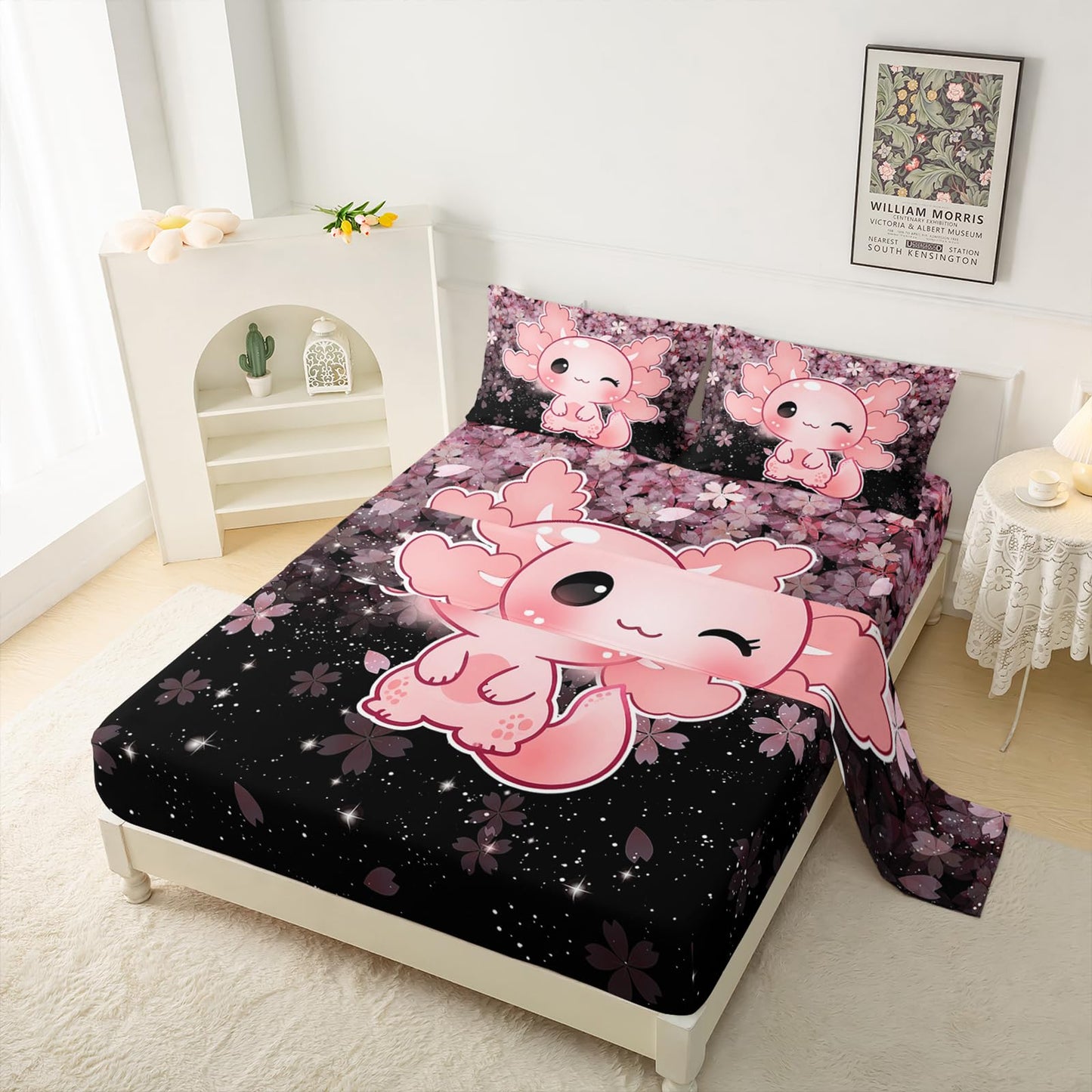 QOOMO Kawaii Axolotl Bedding for Boys and Girls Pink Cherry Blossom Super Soft Kids Bedding Set Sparkling Stars Breathable Room Decoration Queen Size 1 Fitted Sheet, 1 Flat Sheet, 2 Pillow Cases