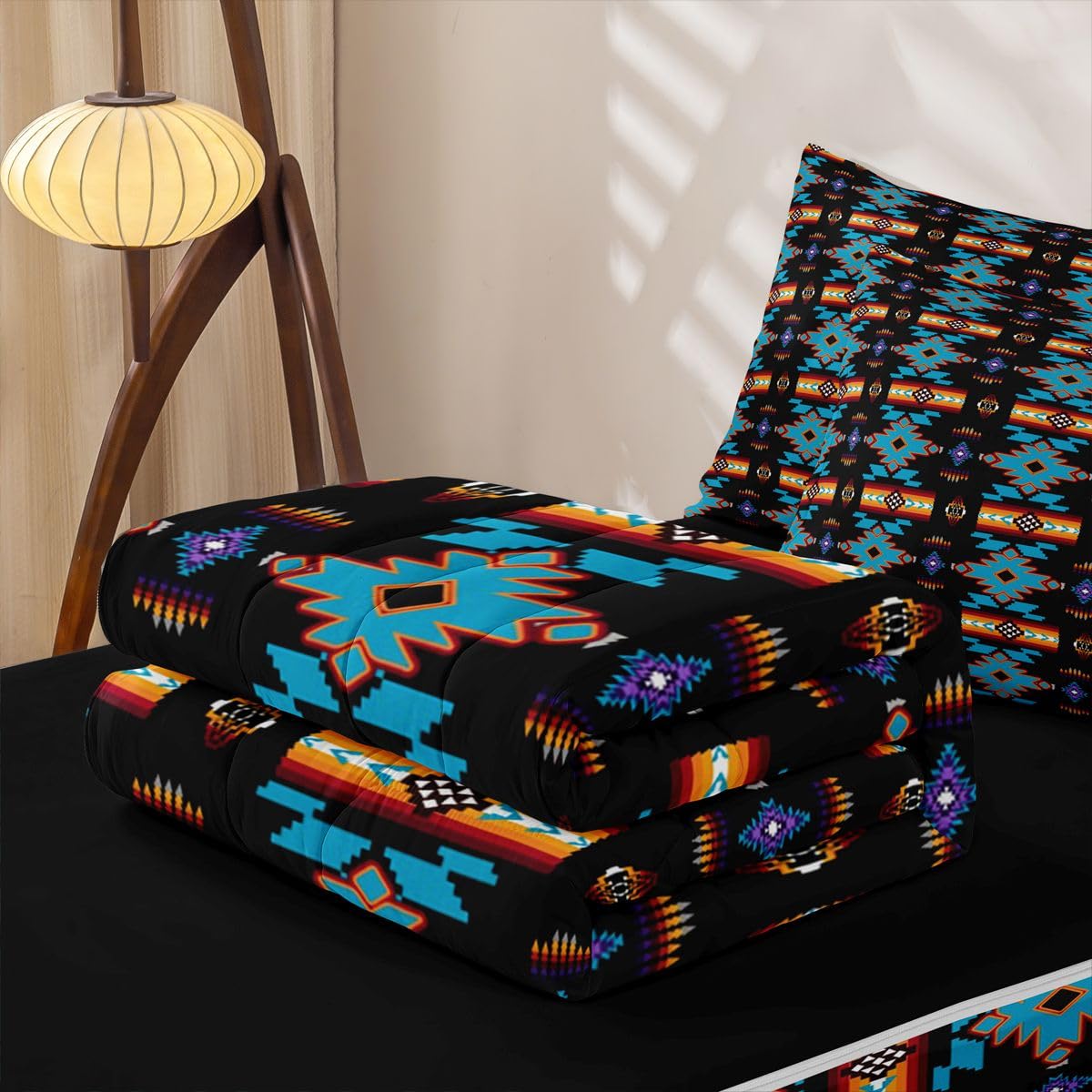 Erosebridal Western Aztec Zipper Bedding Queen Vintage Geometric Zip Up Bedding Set for Boys and Kids, Boho Western Bed in a Bag Native American Rustic Farmhouse Comforter Set with Sheets Black Blue