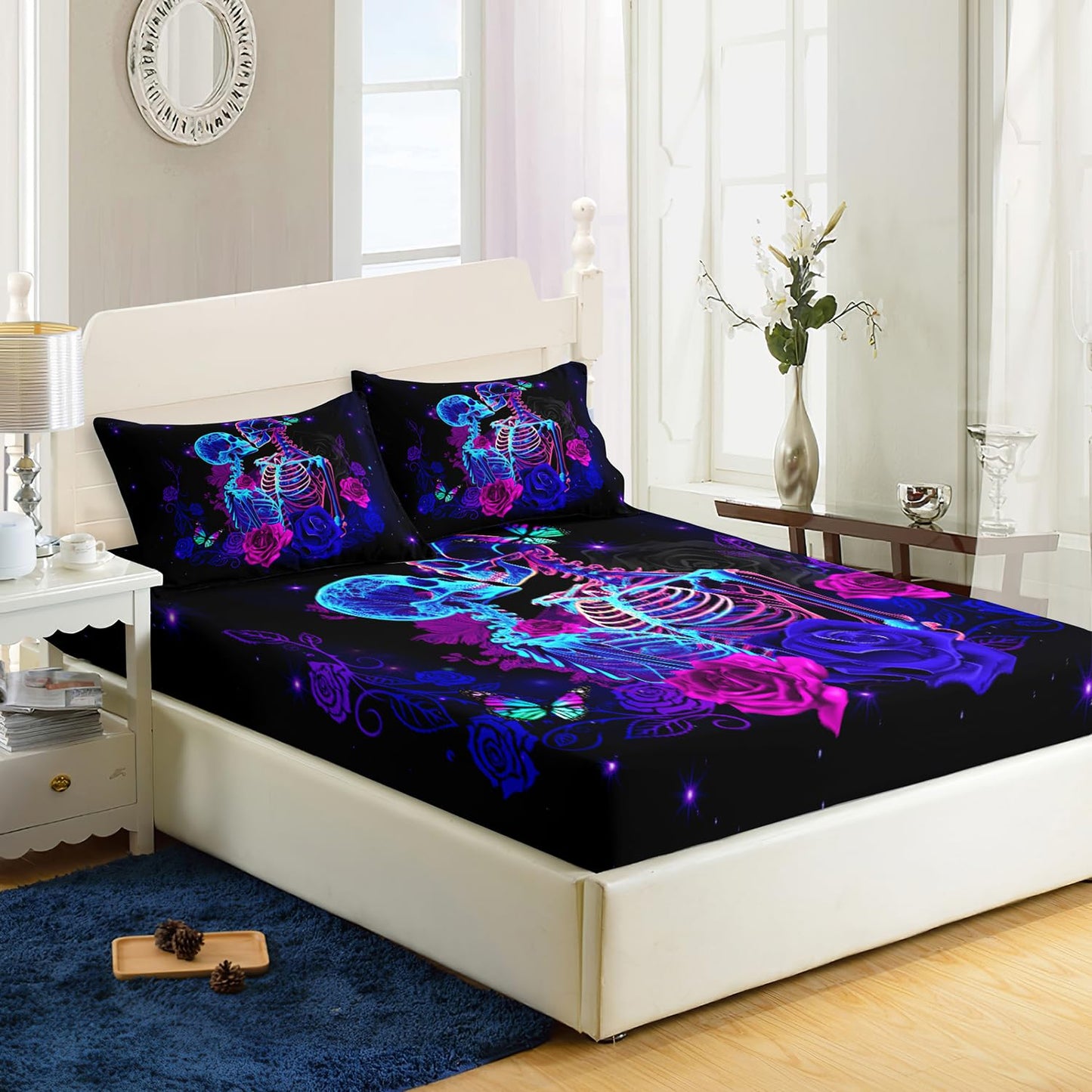 AILONEN Sugar Skull Fitted Sheet Set Queen Size, 3D Skeleton Bone Couple Bed Sheet Set,Purple Rose Skull Sheets for Boys Girls 3 Pieces, 1 Fitted Sheet and 2 Pillowcases