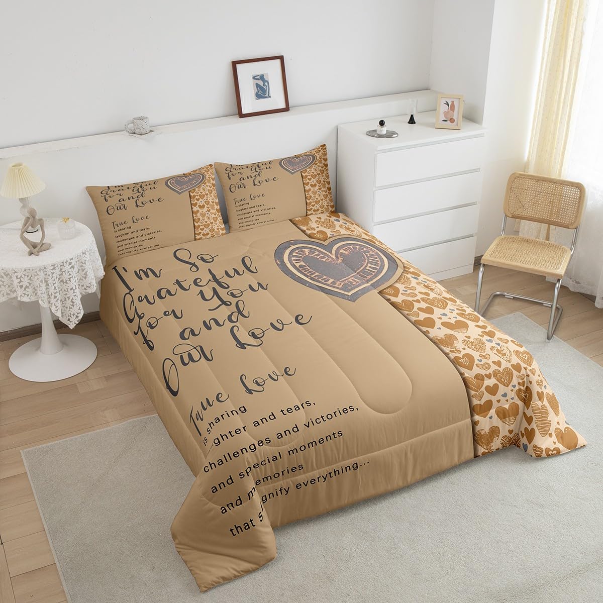 Erosebridal Gray Motto Bedding Queen,Romantic Valentine Gifts Comforter Set for Couple Lover,Love Hearts Down Comforter