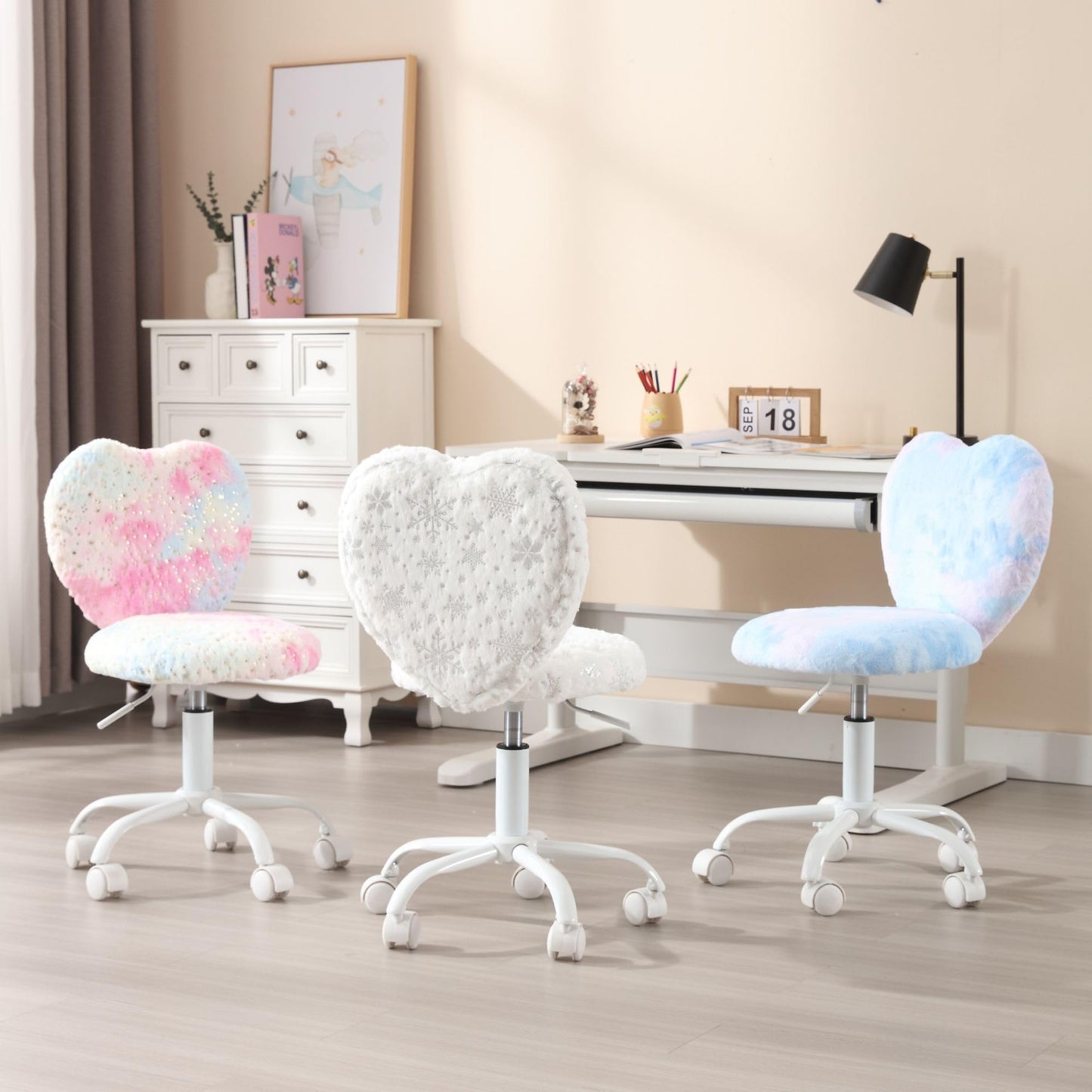 DM Furniture Kids Desk Chair Girls Students Study Chair Adjustable Computer Chair Furry Swivel Office Reading Chairs Child Cute Heart Back Chairs for Home/Bedroom/School/Dorm/Vanity, Blue