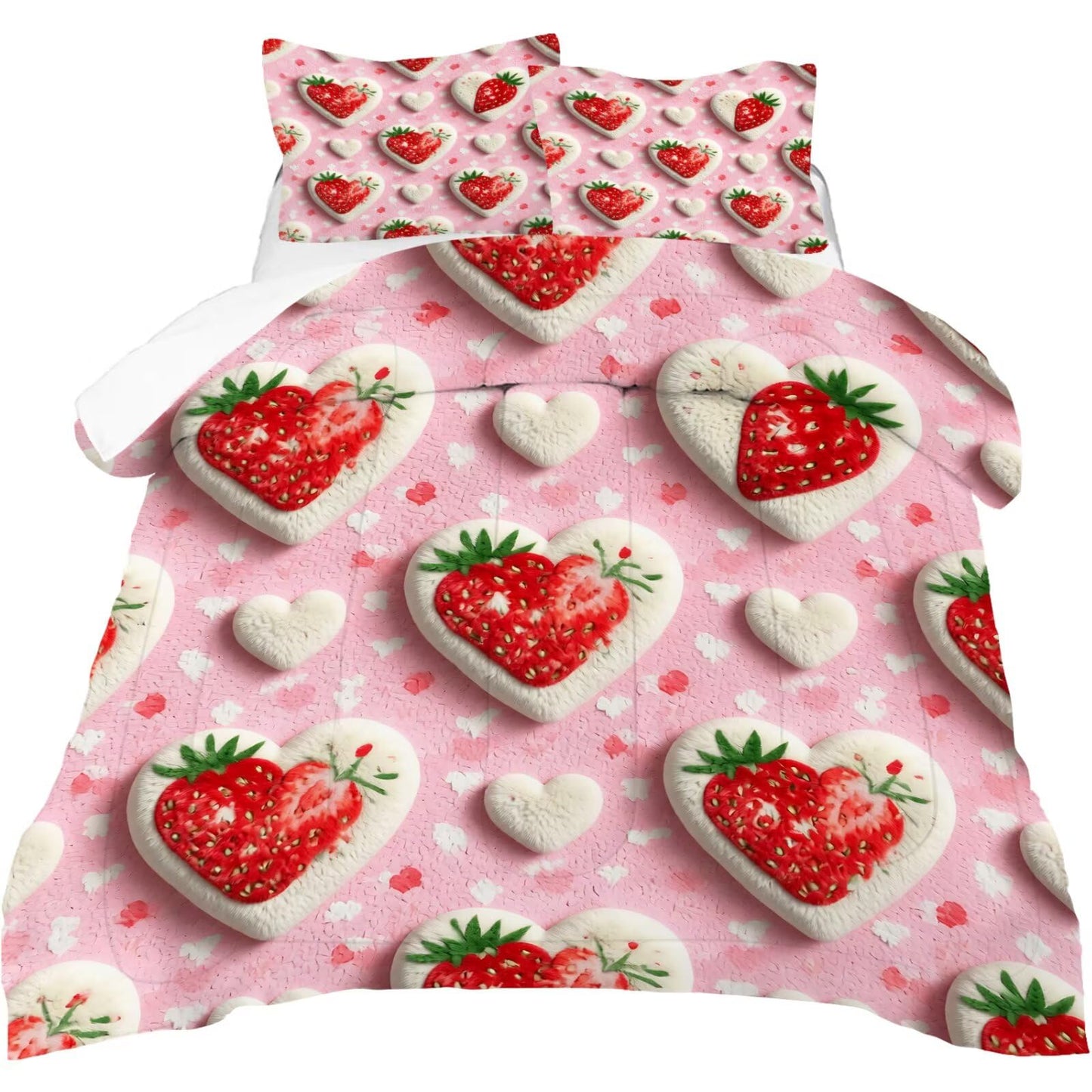 DJNEAR Strawberry Heart Comforter Set Twin Size Pink Heart Bedding Sets for Girls Kids Teens Adults Women Bedroom 3D Plush Cute Quilt Room Decor 1 Comforter 1 Pillowcase