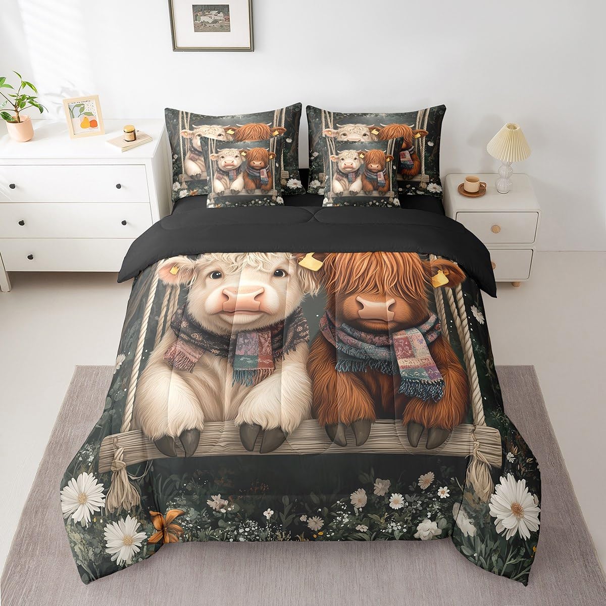 Erosebridal Comforters King Size Set with Sheets for Kids Highland Cow Bedding,7 Pieces Bed in a Bag King Western Cow Bedding Sets with Comforter, Sheets, Pillowcases and Cushion Cases