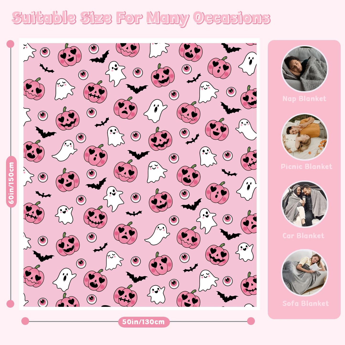 Halloween Throw Blanket Ghost Fleece Flannel Blanket Goth Halloween Soft Cozy Plush Blankets for Couch Bed Sofa Pink Spooky Decor 60"X50"