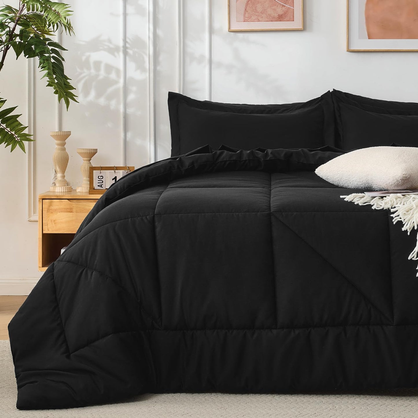 Baskbed 7 Pieces Queen Comforter Set - Utral Soft Microfiber Bedding Set, Thick Duvet Insert Bed in a Bag Without Rustling Noise for All Season, Black (88"x88")