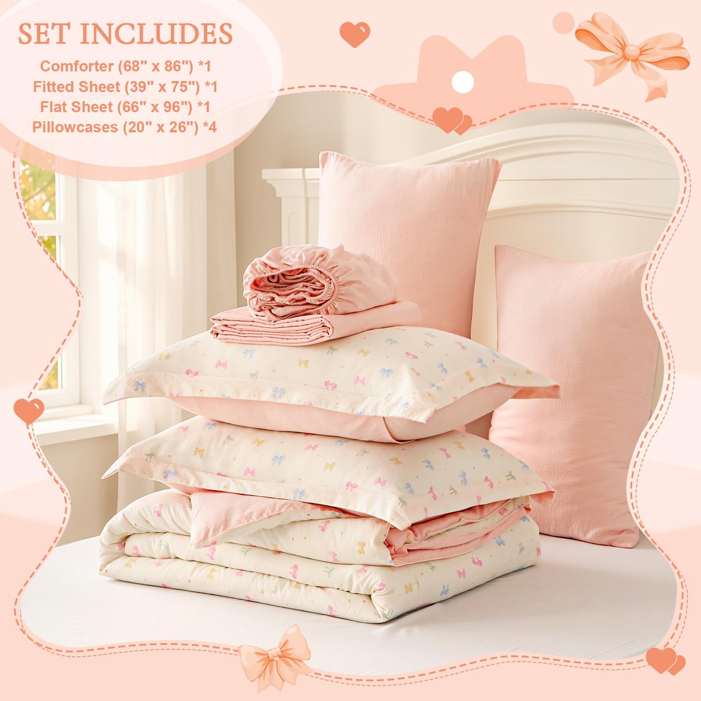 Wajade 7 Piece Colourful Bow Comforter Set for Girls Twin Size Cute Bedding Set Bed in A Bag (1 Comforter, 1 Flat Sheet, 1 Fitted Sheet, 2 Pillowcase and 2 Pillow Sham)
