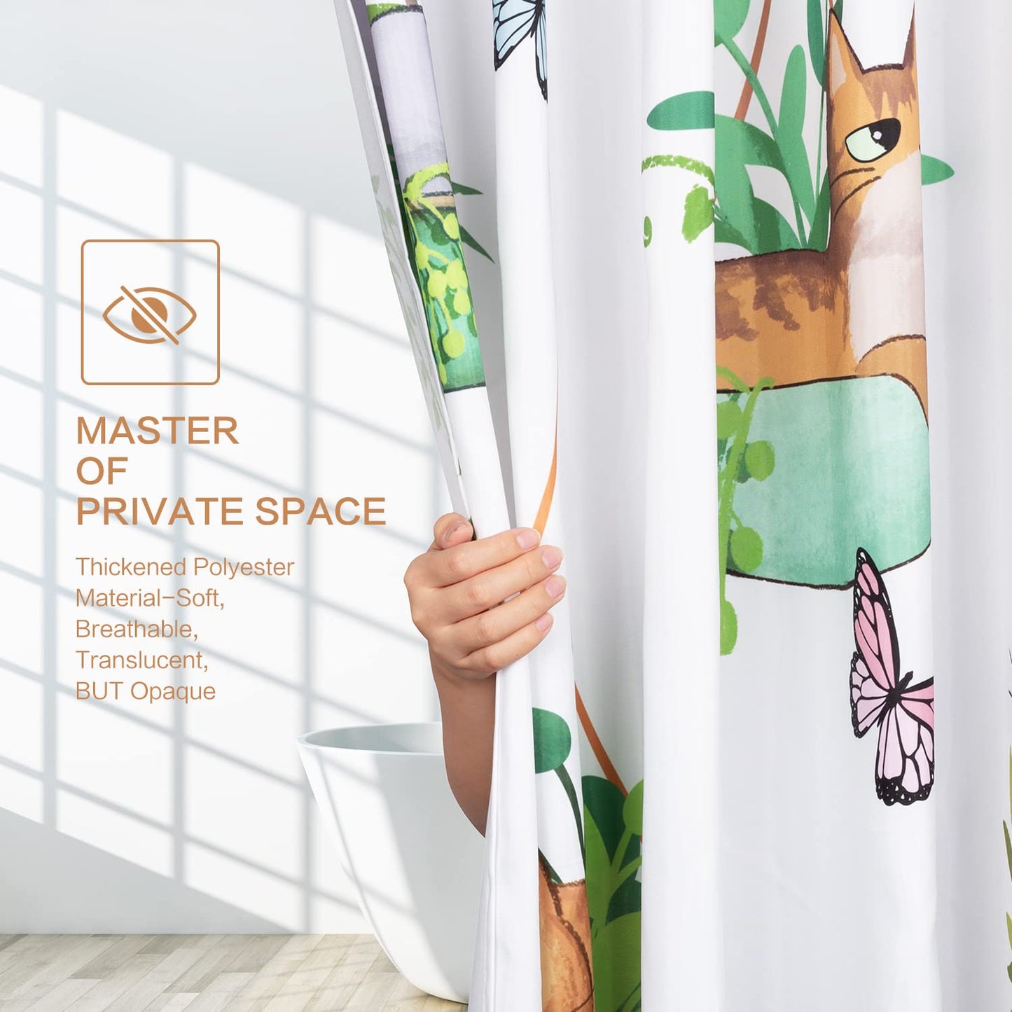 CutebriCase Hanging Potted Plants Cat Shower Curtain, Bracketplant KittyShower Curtain for Bathroom with 12 Hooks Polyester Fabric Waterproof Shower Curtain Sets Machine Washable Kids Bath Curtain