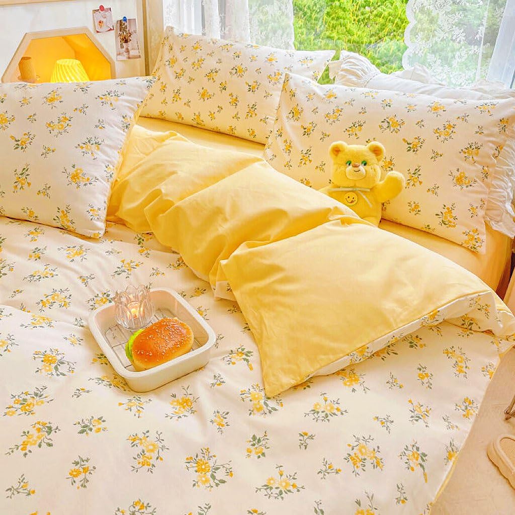 4pcs Duvet Cover Set- 100% Cotton Comfort Duvet Cover Set,a Duvet Cover,a Deep Pocket Fitted Sheet,2 Pillow Shams Home Bedding with Zipper Closure for All Season (Queen (U.S. Standard), cream yellow)
