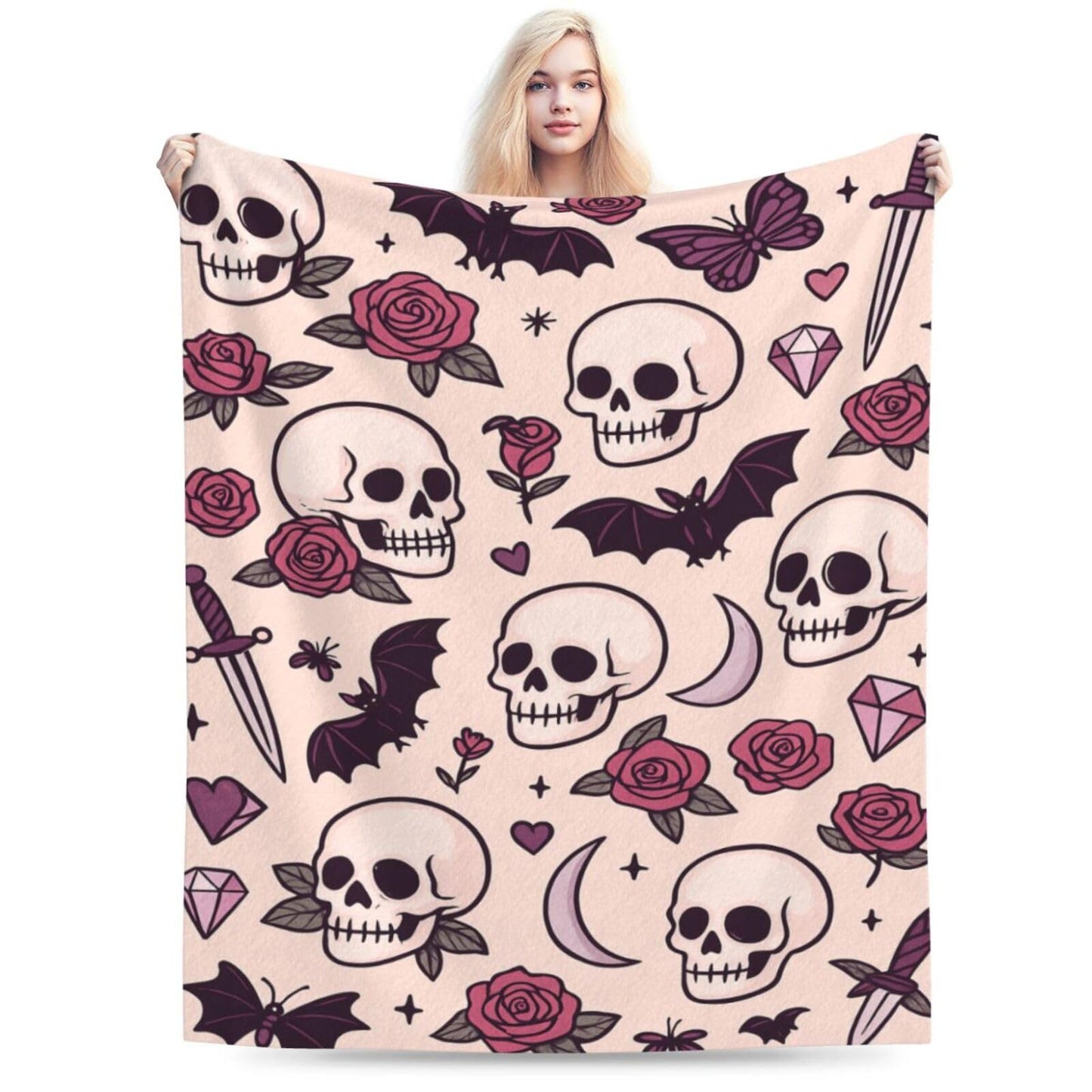 Gothic Pink Blanket Skull Skeleton Rose Bat Throw Blanket for Gothic Lover for Women Girls Adults Cozy Fleece Fuzzy Soft Flannel Plush Warm Bedding Stuff for Sofa Bed Couch 40 x 50 Inch