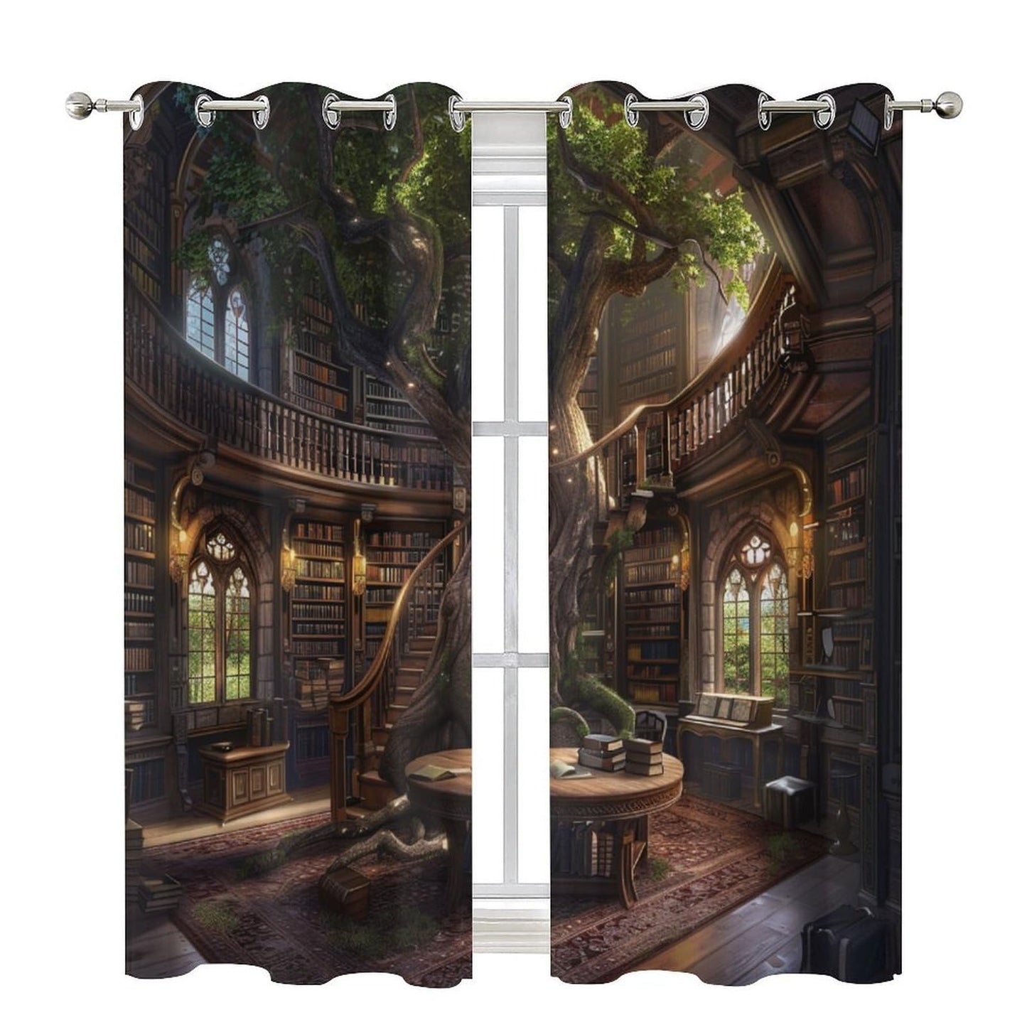 HDESDIS Retro Library Fantasy Grommet Blackout Curtains for Bedroom, Abstract Tree Plant Classic Bookshelf Thermal Insulated Curtains Room Darkening Window Drapes, 21W x 45L, 2 Panels