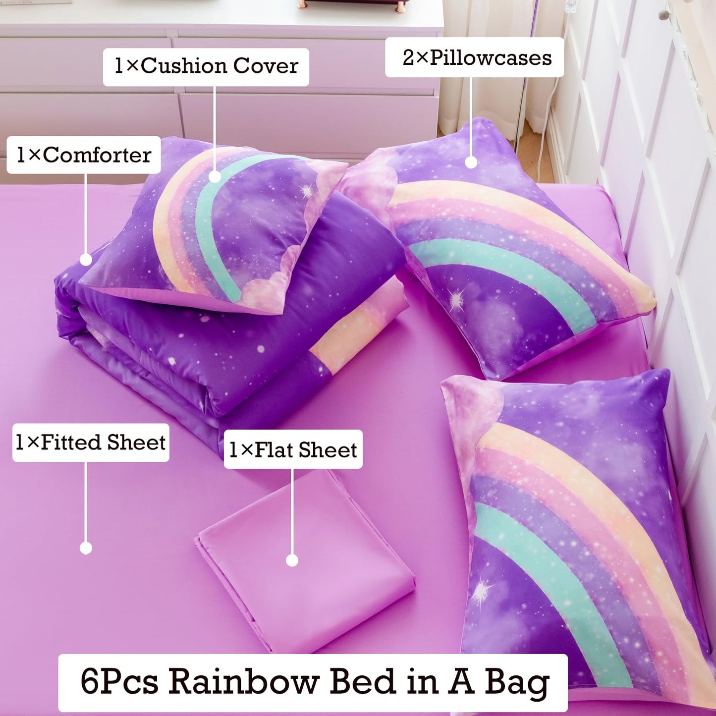 ANGIYUIN Deep Purple Rainbow Kids Comforter Set Twin 6 Pieces Gradient Glitter Bedding for Girls 3D Galaxy Nebula Bed Set with Sheets for All Season