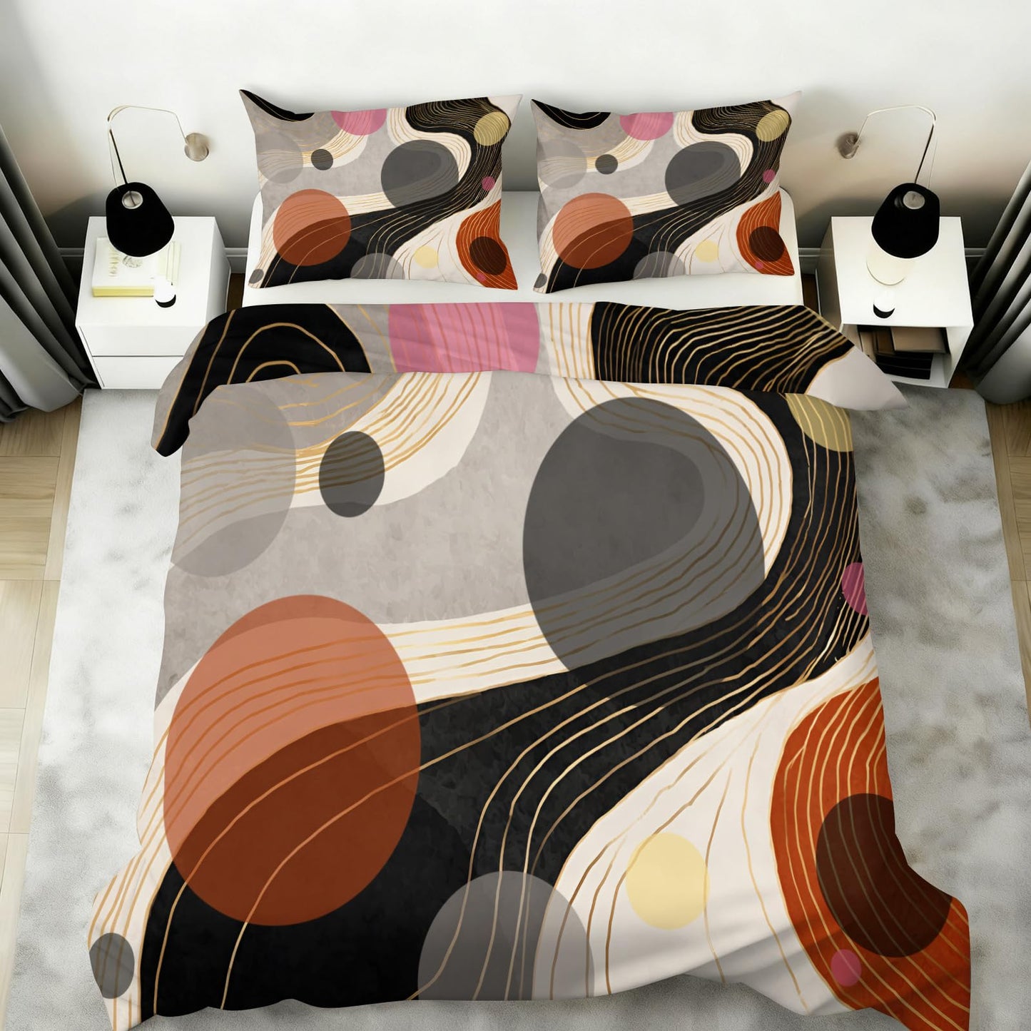 ZAOMIR Geometric Abstract Duvet Cover Queen Size for Teen Women Adult, Modern Geometric Line Bedding Set 3 Piece, Minimalist Mid Century Circle Patterned Comforter Cover with Zipper, 2 Pillowcases