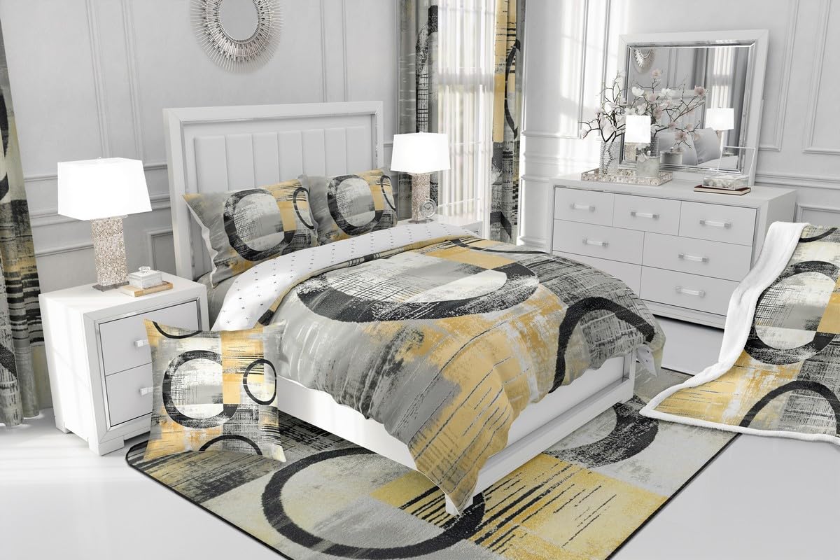 Feelyou Abstract Comforter Set Full Size Modern Abstract Art Bedding Set Geometric Duvet Quilt Luxury Bedroom Decor Yellow 3 Pcs with 2 Pillow Cases