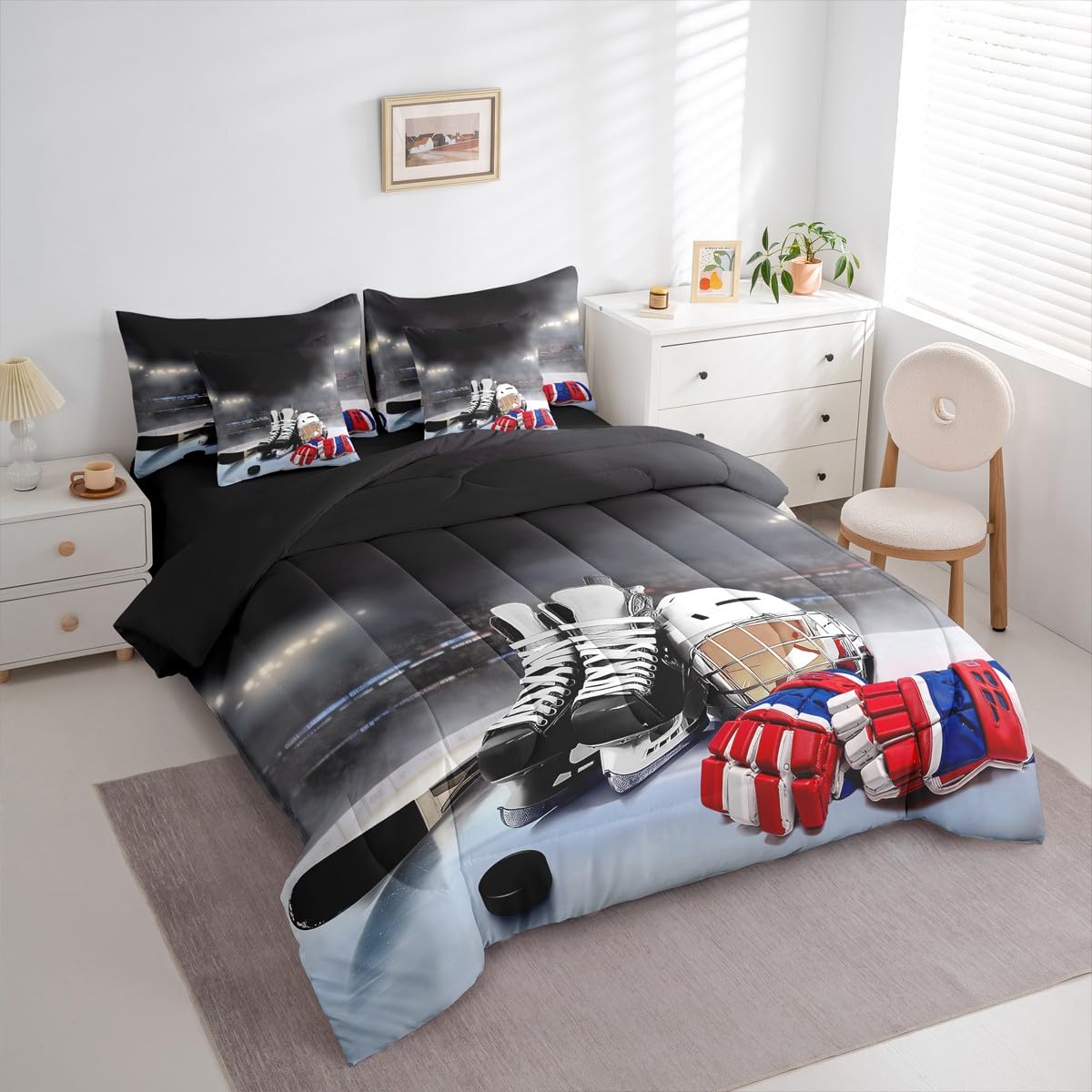 Erosebridal Ice Hockey King Comforter Set, Hockey Player 7-Piece Bed in A Bag, Boys Teens Sports Game Sheets and Pillowcases, Winter Sports Bed Sets