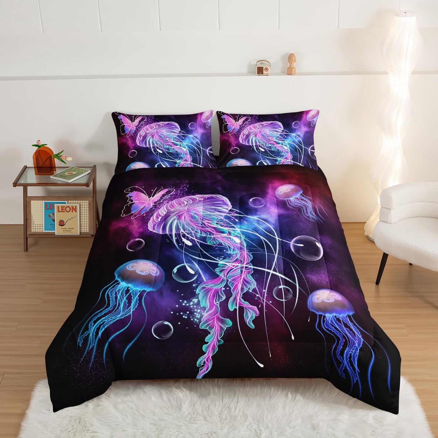HOSIMA Jellyfish Printed Comforter Ocean Theme Bedding Set 3 Piece, Starry Sky Galaxy Bedding Room Decor Butterfly Comforter for Kids Teens Adult