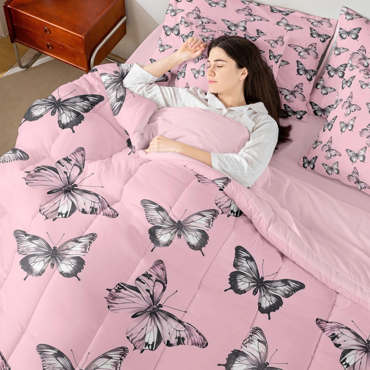 Erosebridal Butterfly Silhouette 7 Piece Bedding Set Twin Black Wild Animal Comforter Set with Sheets Pink Tie Dyed Bed in a Bag Nature Butterfly Animals Bed Sets Comforter