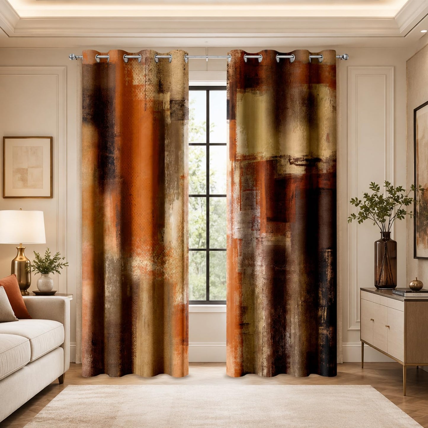 JAZEAOI Burnt Orange Abstract Blackout Curtains, Modern Art Red Brown Rust Black Out Window Drapes for Bedroom Living Room Grommet Thermal Insulated Room Darkening Home Decor, 2 Panels 52x84 Inches