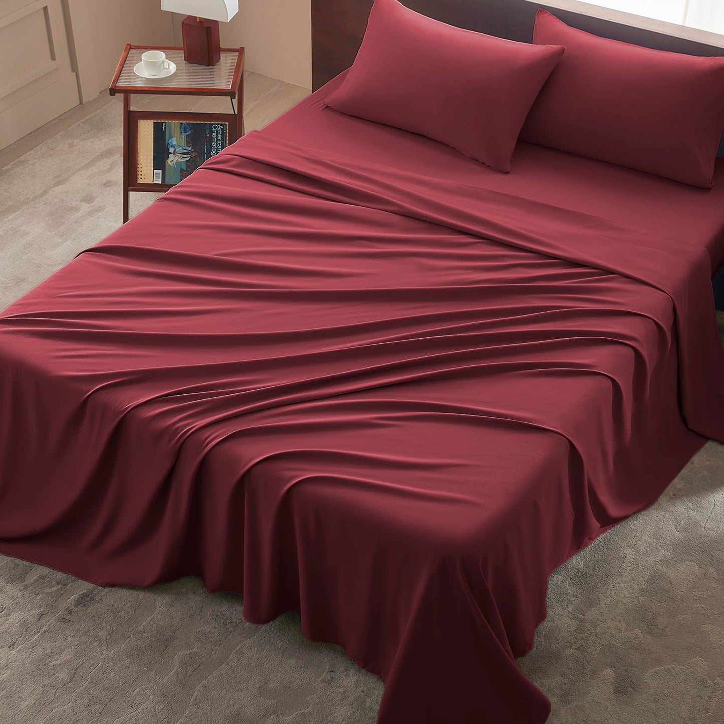 USXIBEI Queen Size 4 Piece Sheet Set - Comfy Breathable & Cooling Bed Sheets Set, Soft and Wrinkle Free, Deep Pockets, Easy & Secure Fit, Hotel Luxury Bedding - Oeko-Tex - Burgundy