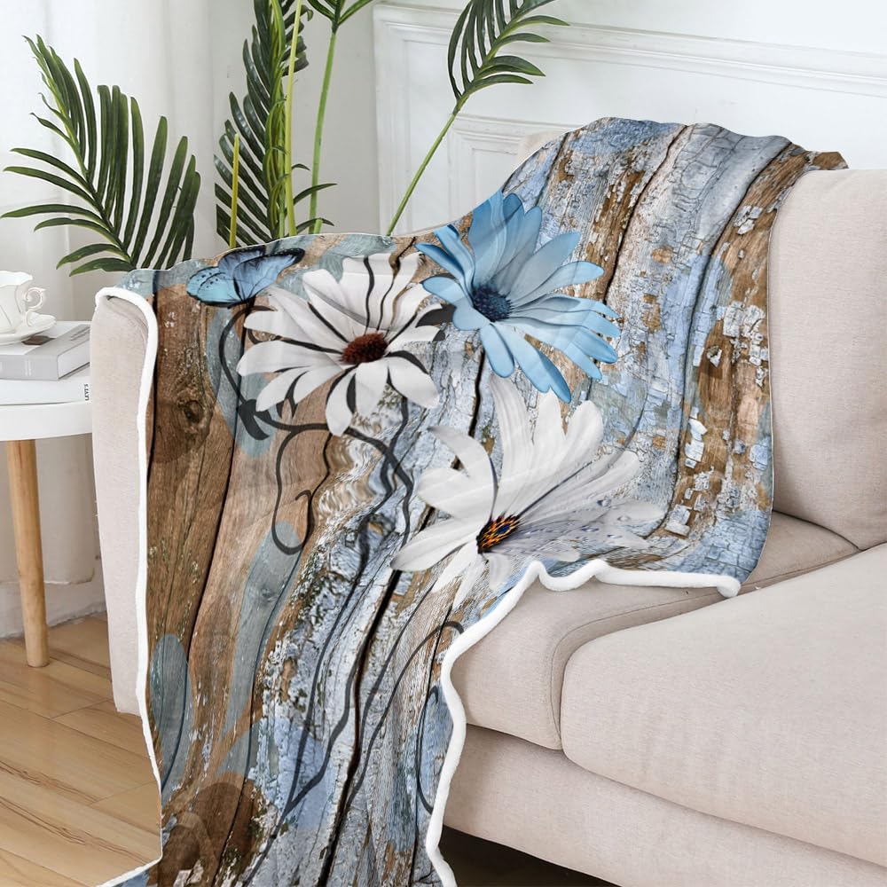 JAWO Farmhouse Flower Floral Throw Blanket, Rustic Blue Daisy Fleece Cozy Warm Bed Couch Blanket, Country Blue Brown Fleece Flannel Throws to Decorate the Room and Bedroom Warm Blanket 50X60IN