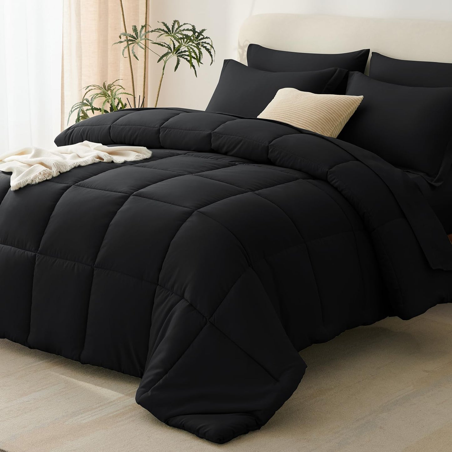 CozyLux Queen Comforter Set Black - 7 Pieces Bed in a Bag Queen, Oeko-Tex Certified Bedding Set, All Season Soft Bed Set with Down Alternative Comforter, Sheets, Pillowcases & Shams