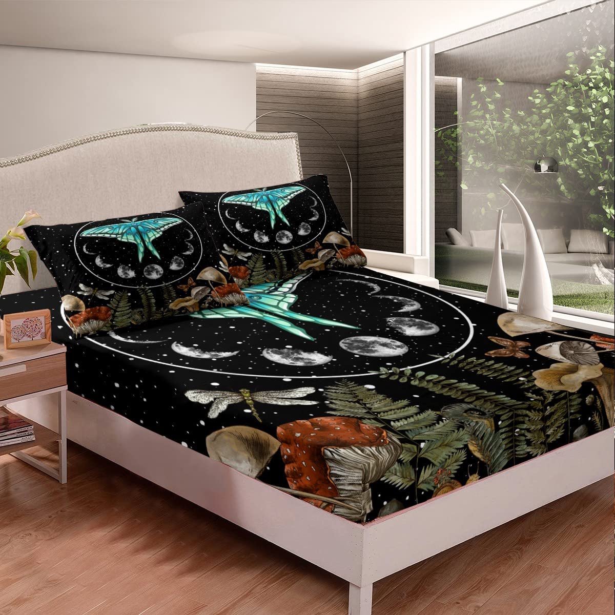 Erosebridal Blue Butterfly Sheet Set Queen,Dragonfly Moth Mushroom Bed Sheets Moon Phase Flat Sheet Starry Sky Fitted Sheet,Hippie Wild Fungus Sheets Boho Bohemian Style Home Room Decor Luxury,Black
