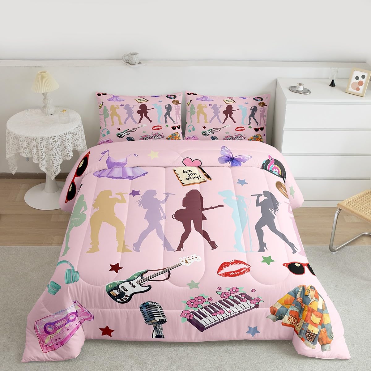 Erosebridal Pink Music Themed Bedding Set Full Girly Guitar Keyboard Comforter Set for Kids Boys Girls Disco Ball Snake Floral Bedding Comforter Sets Stylish and Modern Gifts Quilt Duvet