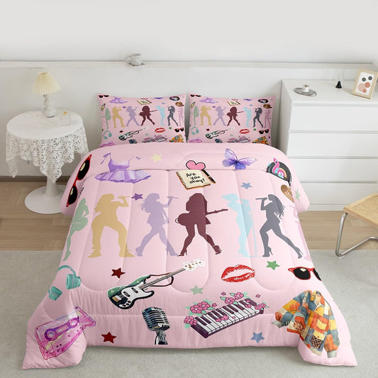 Erosebridal Pink Music Themed Bedding Set Full Girly Guitar Keyboard Comforter Set for Kids Boys Girls Disco Ball Snake Floral Bedding Comforter Sets Stylish and Modern Gifts Quilt Duvet