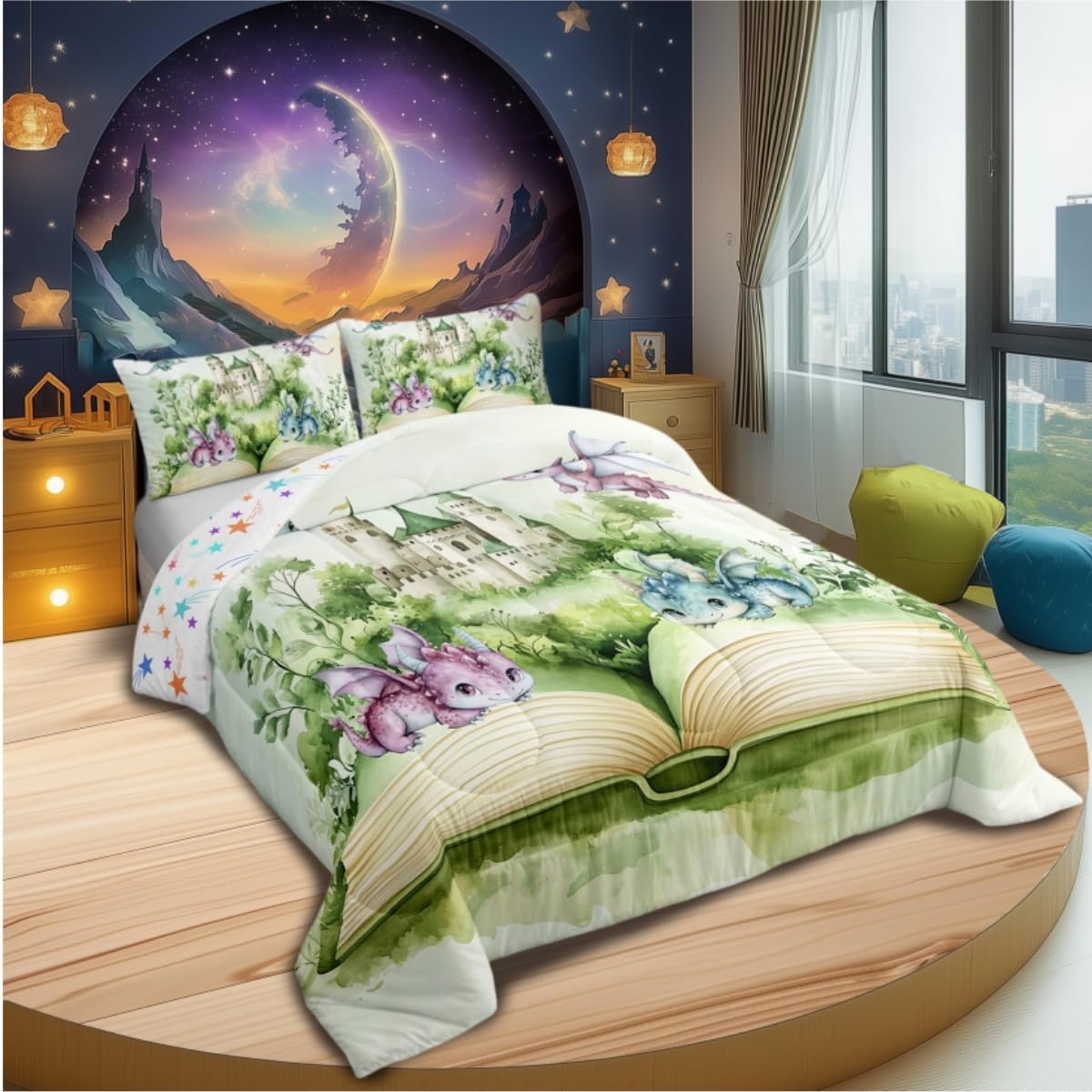 Kawaii Dragon Kids Comforter Sets Toddler Size,Jungle Princess Castle Bedding Comforter Sets,Boys Girls Magic Book Quilt Sets for Bedroom Decor,Green Plants Leaves Duvet Insert with 1 Pillowcase