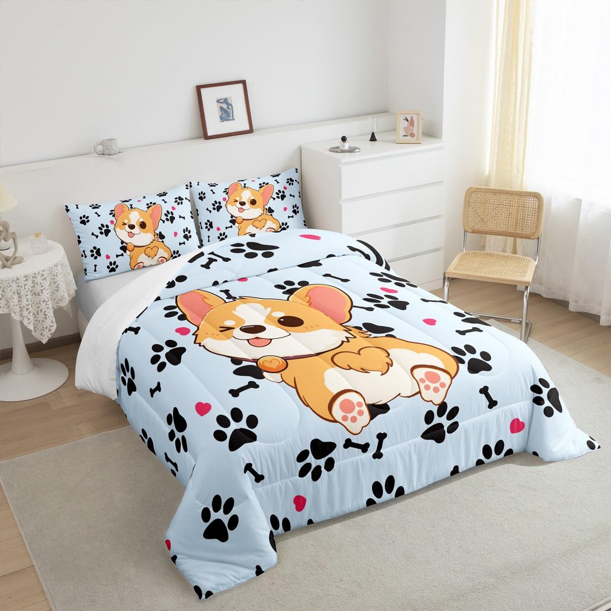 Castle Fairy Cute Corgi Comforter Set Twin Size,Cartoon Dog Footprint Bones Bedding 2pcs for Kids Boys Girls Room Decor,Smiling Doggy Quilt Family Paw Duvet Insert with 1 Pillowcase,Blue