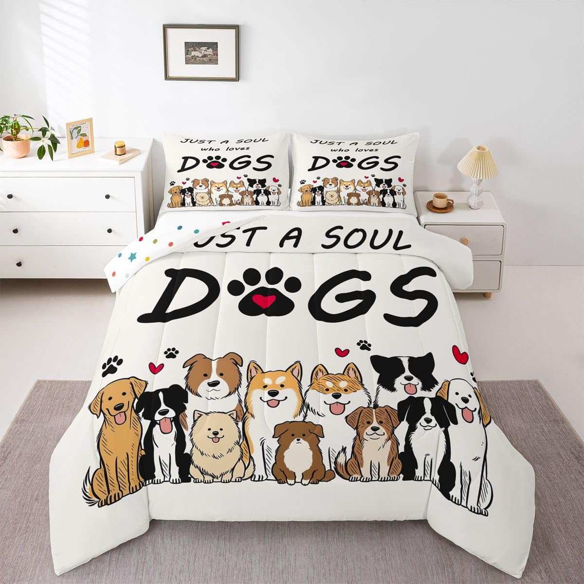 jejeloiu Cute Dog Comforter Set All Season Puppy Dog Bedding Set with 2 Pillow Cases Kawaii Animals Decor Microfiber Kids Queen Bedclothes Bedroom Decor Duvet Quilt Breathable Soft Lightweight