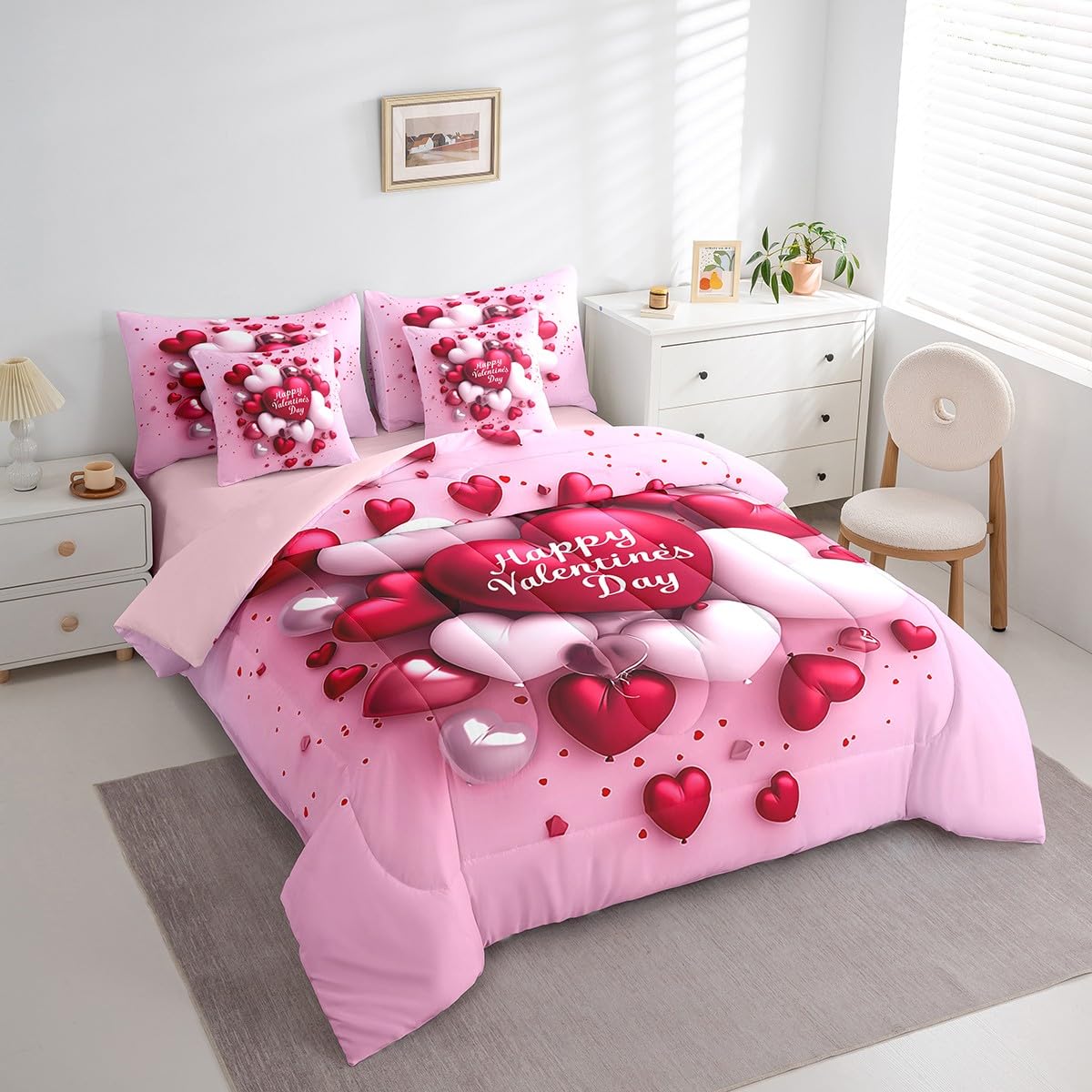 Erosebridal Happy Valentine's Day Bed in A Bag Romantic Love Balloon Comforter Set for Girls Teen Women,Pink Red Balloon 7 Piece Bedding Set Full Size,Soft Lightweight Pink Sheet Set with Comforter