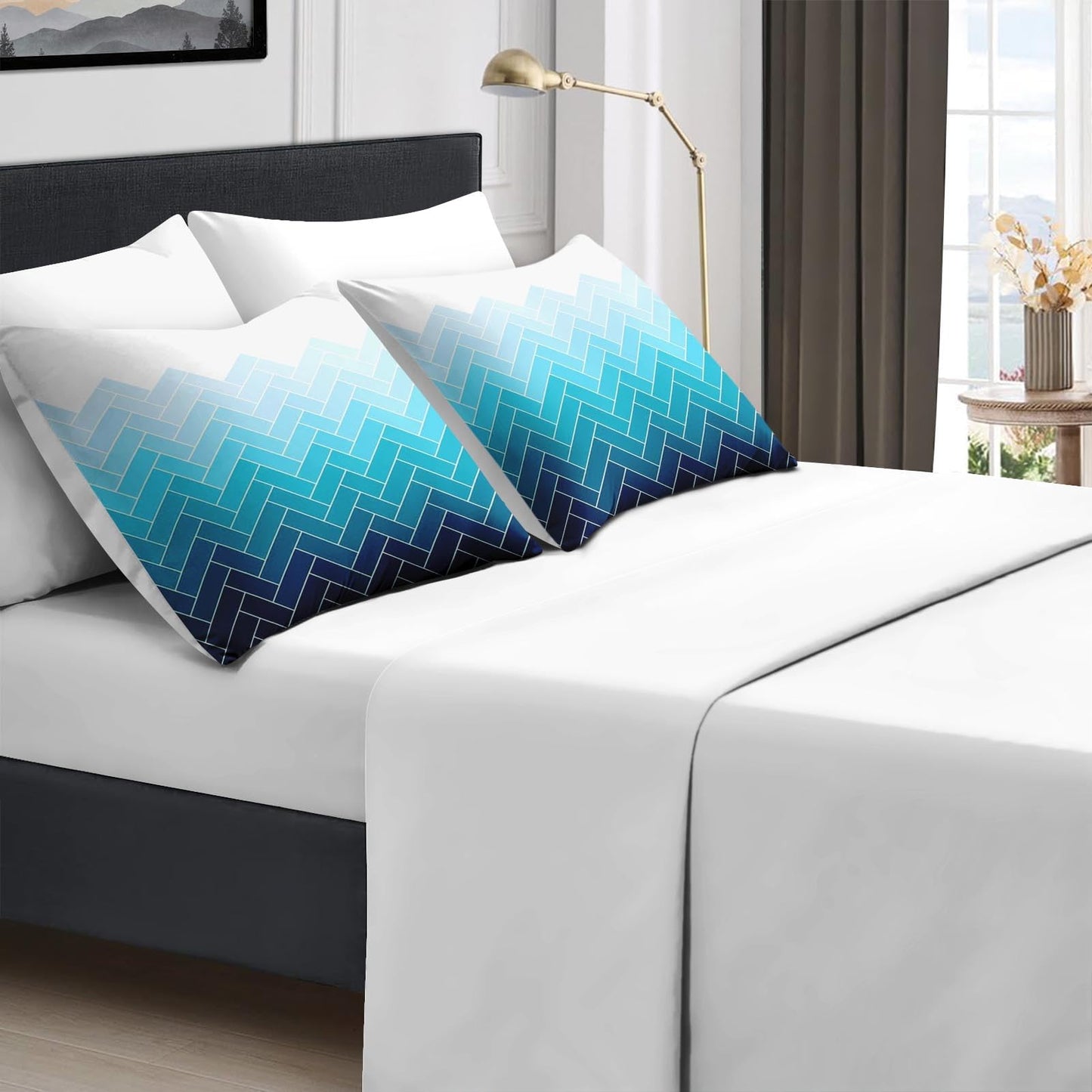 Boewywh Comforter Set Twin Size Geometric Blue Modern 7 Pcs, Bedding for Kids and Adults, Coastal Ocean Bed Sheet Sets with Fitted Sheet 2 Pillowcases & 2 Shams for Bedroom Bed Decor