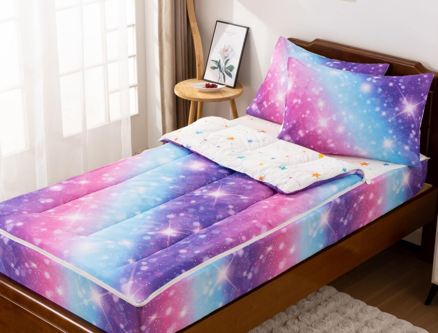 Meeting Story 3pcs Kids Comforter Set Zip up Bedding Set for Girls,Twin Kid Bedding Set Gradient Comforter Set for Kid,All in one Zipper Bedding（BluePurple,Twin）