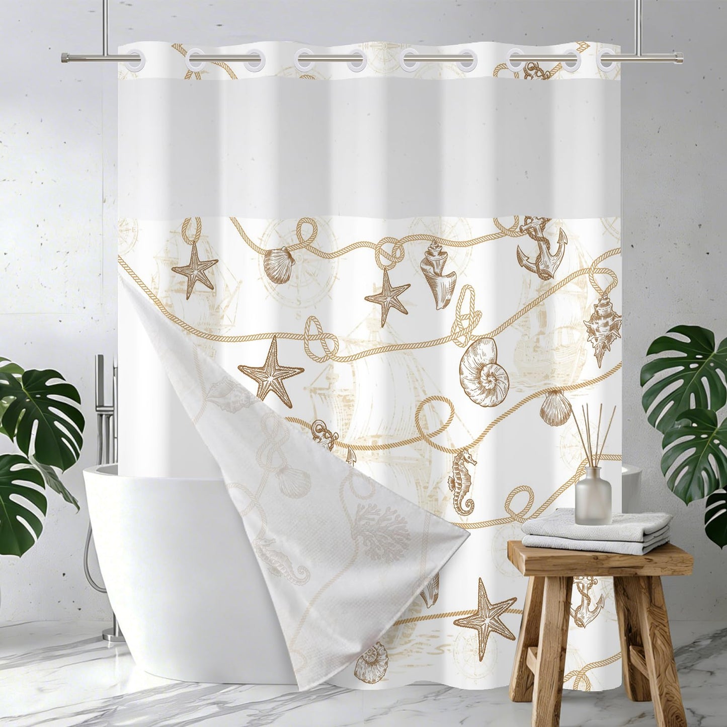 Xiazhilaio No Hook Ocean Shower Curtain with Snap in Liner 71W x 74H