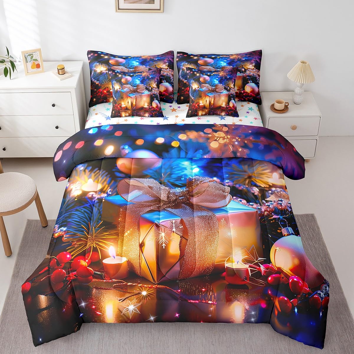 Erosebridal Merry Christmas Bedding Sets 7 Piece Twin 3D Festival Box Comforter Set Dreamy Starlight Quilt with Flat Fitted Sheet for Girls Women Xmas Decoration Bed in A Bag
