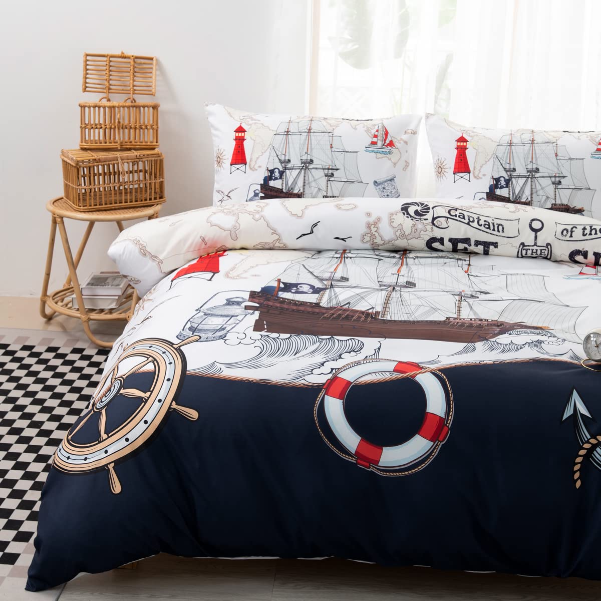CVHOUSE Nautical Bedding Set King Size,Nautical Sailboat Bed for Boys Teens,Ocean Themed Sailing Anchor Comforter Cover Soft,Anchor Duvet Quilt King 90'x102'
