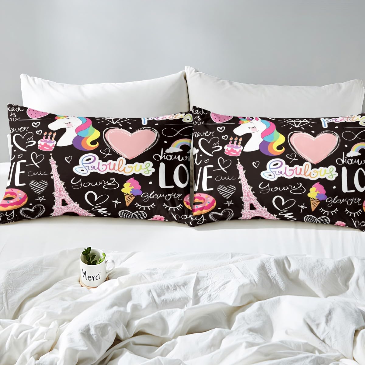 Manfei Kids Eiffel Tower Sheet Set Pink Love Strawberry Unicorn Decor Fitted Sheet Paris Tower Bedding Set 2pcs for Girls Soft Polyester Bed Sheets (1 Fitted Sheet + 1 Pillow Case) Twin Size