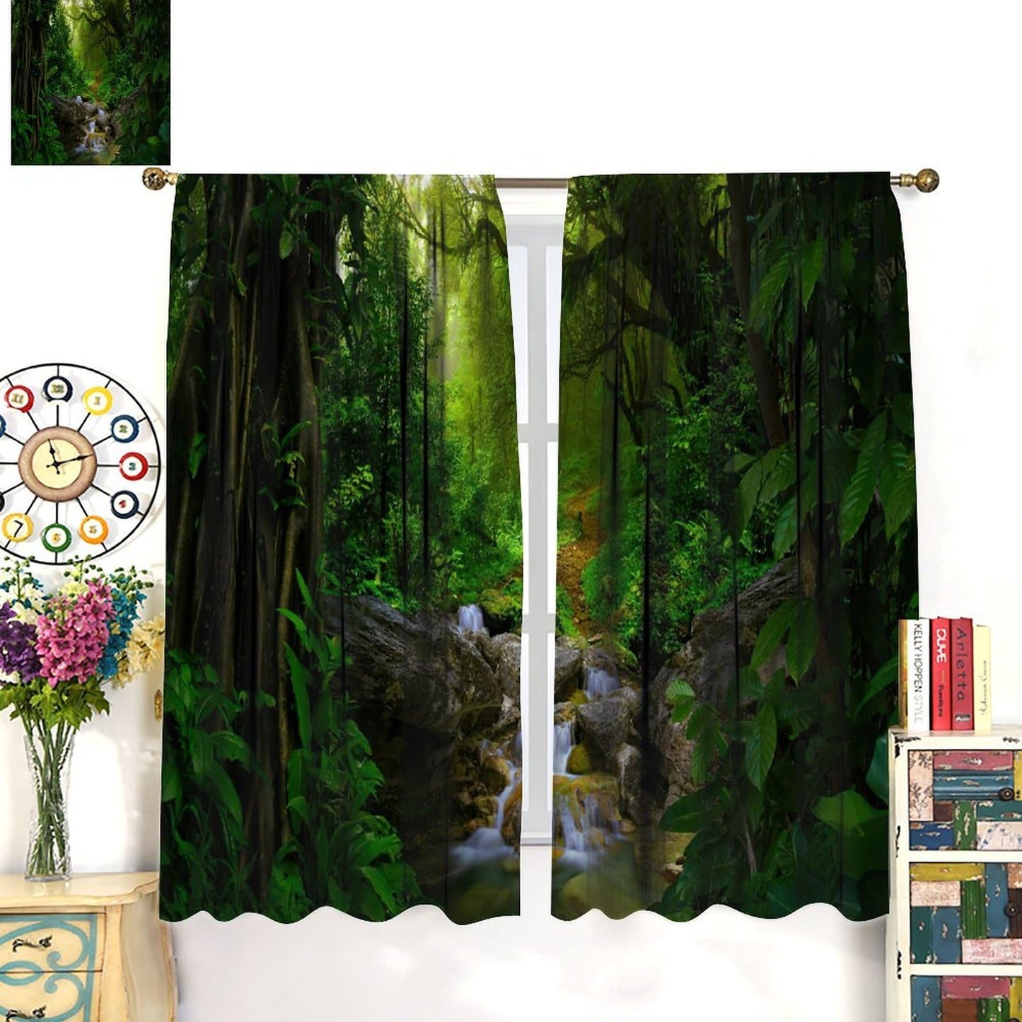 AuiMzoo Waterfall View Curtains, Tropical Forest Botanical Jungle Nature View, Bedroom Living Room Kitchen Blackout Curtains 21" W x 45" L