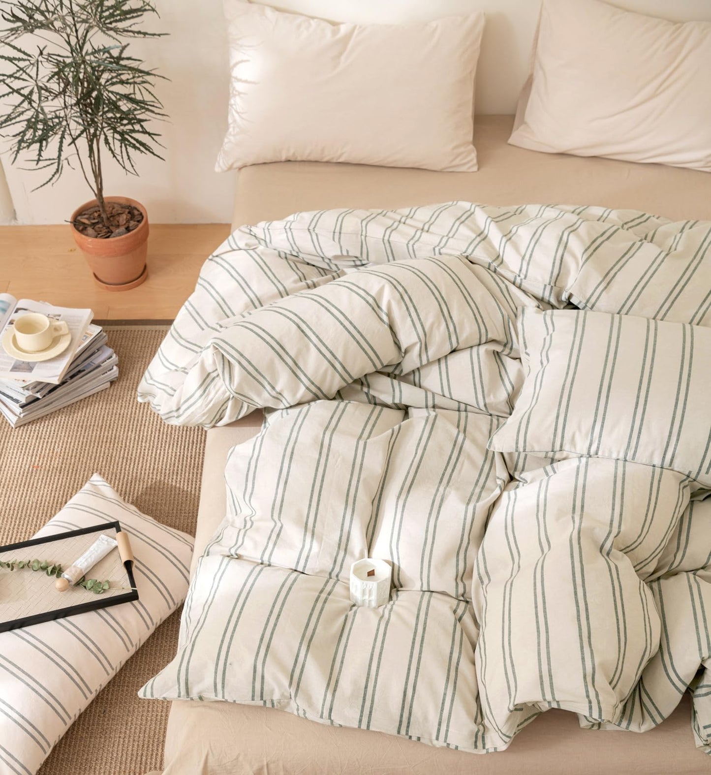 VM VOUGEMARKET Striped Duvet Cover Set Queen Beige 100% Washed Cotton Bedding Set,Grey Green Vertical Ticking Stripes Pattern Comforter Cover with Zipper Closure (3pcs, Queen Size)
