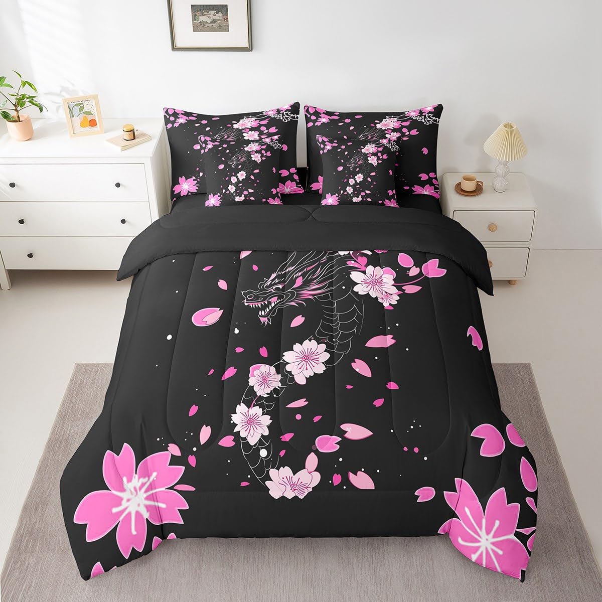 Erosebridal Pink Cherry Blossom Twin Comforter Set 7 Piece Magical Dragon Bedding Set Fantasy Animal Bed in A Bag Black Simple Sheet Set with Comforter for Kids Boys Girls